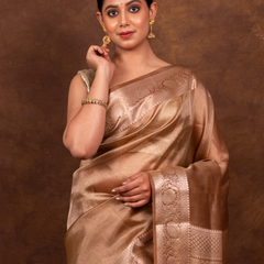 Coffee Brown Banarasi Authentic Soft Tissue Silk Saree with Rich Pallu Woven Design