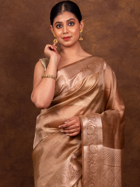 Coffee Brown Banarasi Authentic Soft Tissue Silk Saree with Rich Pallu Woven Design