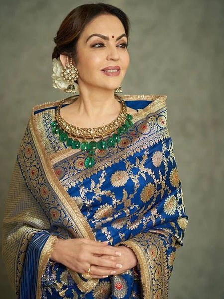 Nita Ambani Royal Blue Banarasi Handloom Pure Katan Silk Saree
