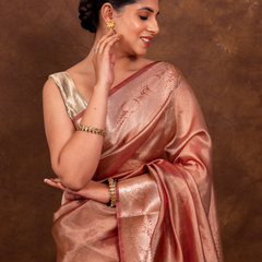 Rose Pink Banarasi Authentic Soft Tissue Silk Saree with Rich Pallu Woven Design