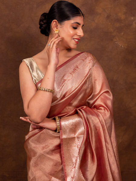 Rose Pink Banarasi Authentic Soft Tissue Silk Saree with Rich Pallu Woven Design