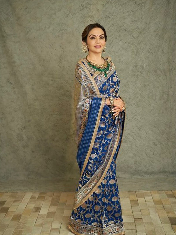 Nita Ambani Royal Blue Banarasi Handloom Pure Katan Silk Saree