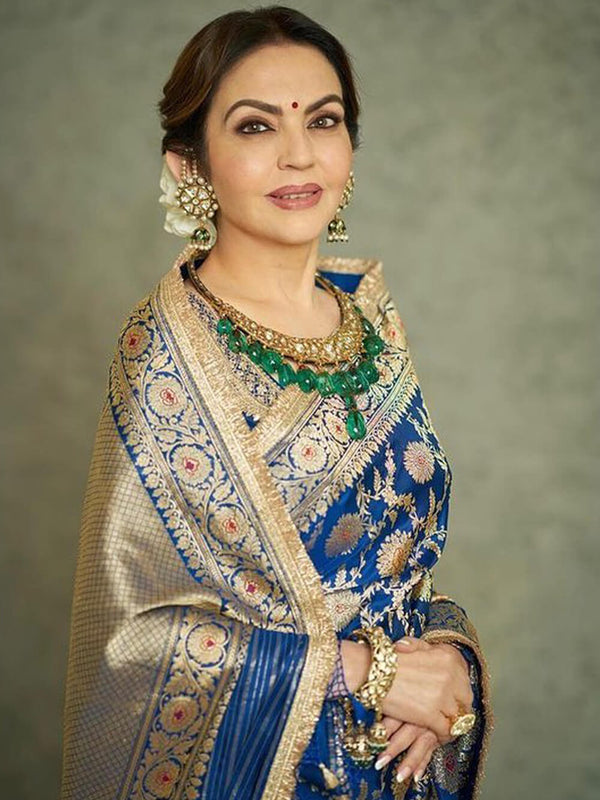 Nita Ambani Royal Blue Banarasi Handloom Pure Katan Silk Saree