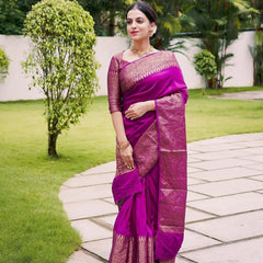 Magenta Pink Banarasi Woven Soft Saree with Antique Zari Border & Pallu