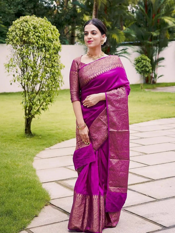 Magenta Pink Banarasi Woven Soft Saree with Antique Zari Border & Pallu