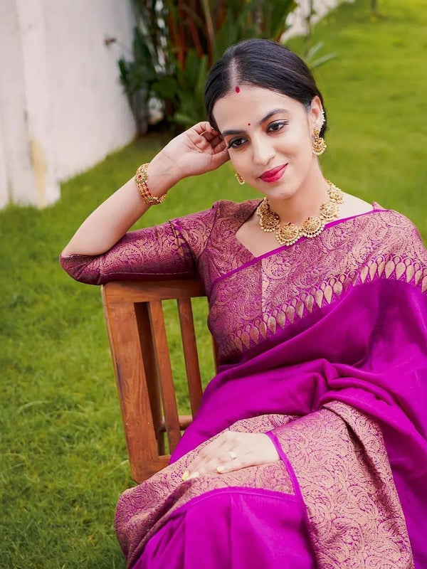 Magenta Pink Banarasi Woven Soft Saree with Antique Zari Border & Pallu