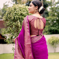 Magenta Pink Banarasi Woven Soft Saree with Antique Zari Border & Pallu