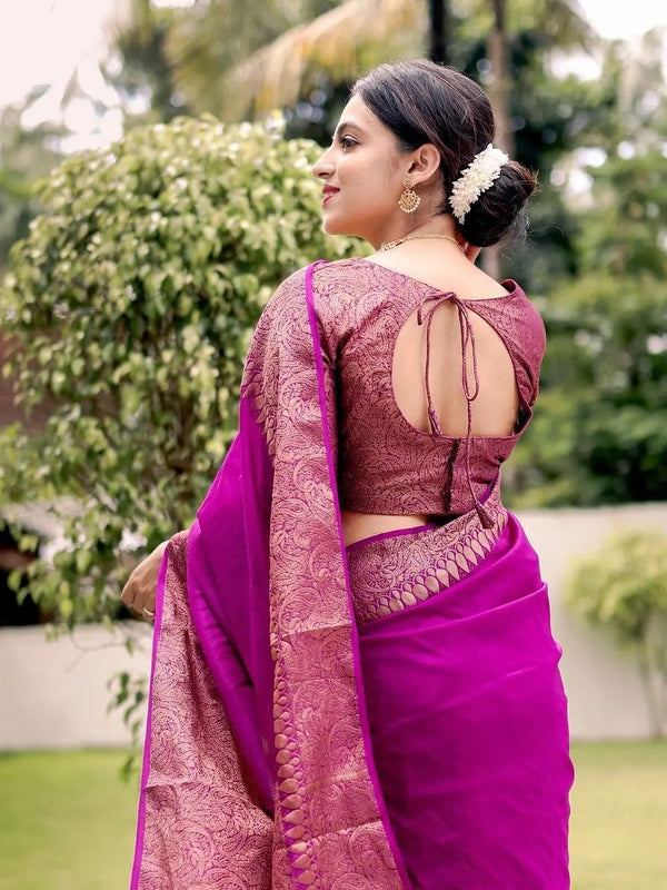 Magenta Pink Banarasi Woven Soft Saree with Antique Zari Border & Pallu