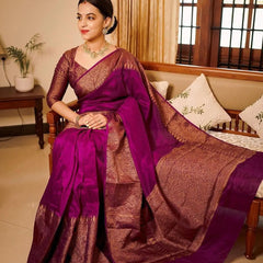 Magenta Pink Banarasi Woven Soft Saree with Antique Zari Border & Pallu