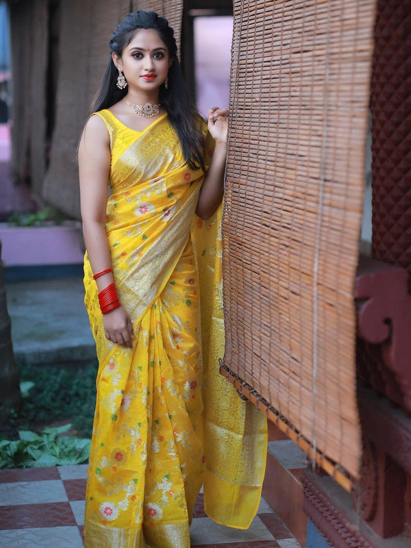 Dark Gold Banarasi Georgette Meena Jaal Saree | Attractive & Elegant