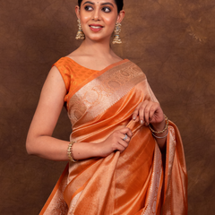 Rust Orange Banarasi Authentic Soft Tissue Silk Saree with Rich Pallu Woven Design