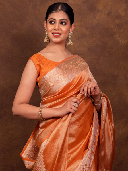 Rust Orange Banarasi Authentic Soft Tissue Silk Saree with Rich Pallu Woven Design