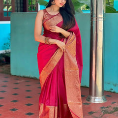 Rani Pink Banarasi Woven Soft Saree with Antique Zari Border & Pallu