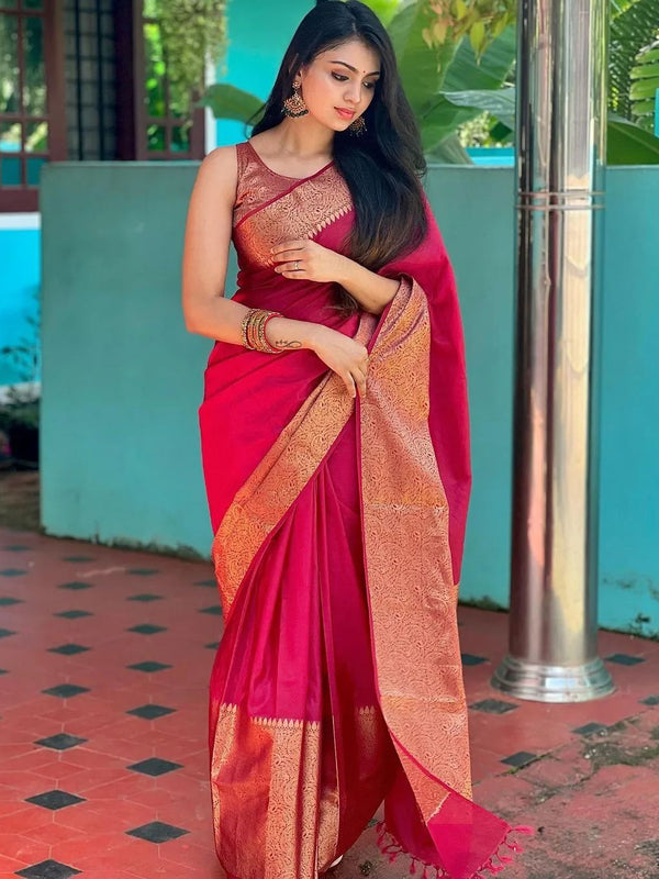 Rani Pink Banarasi Woven Soft Saree with Antique Zari Border & Pallu