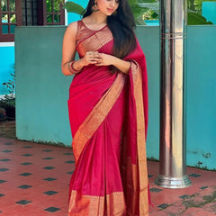 Rani Pink Banarasi Woven Soft Saree with Antique Zari Border & Pallu