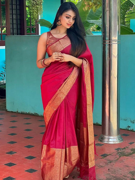 Rani Pink Banarasi Woven Soft Saree with Antique Zari Border & Pallu