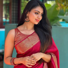 Rani Pink Banarasi Woven Soft Saree with Antique Zari Border & Pallu