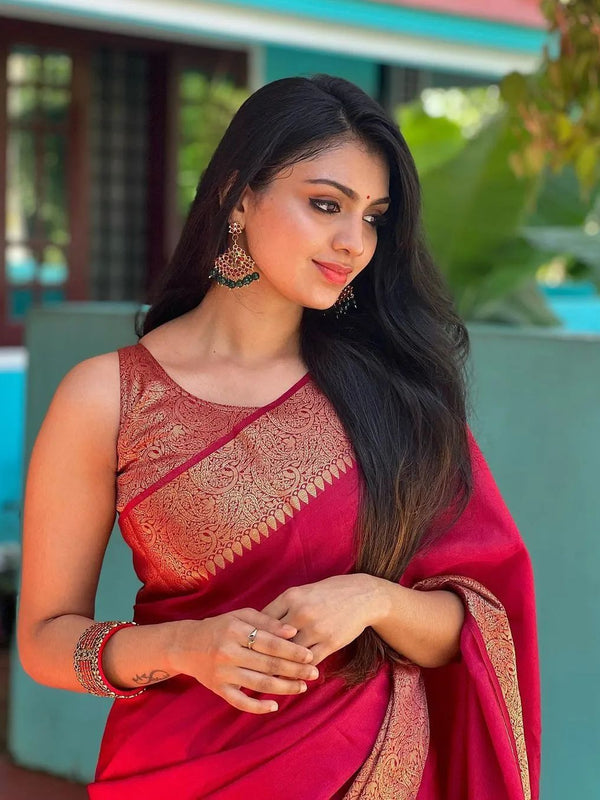 Rani Pink Banarasi Woven Soft Saree with Antique Zari Border & Pallu