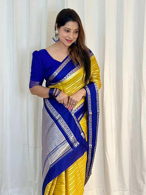 Gold with Navy Banarasi Soft Katan Georgette Saree | Soft & Versatile