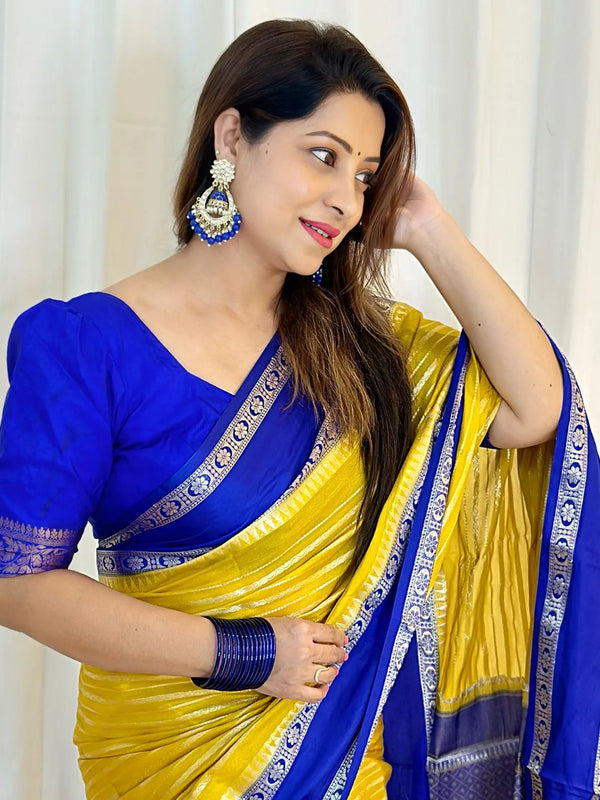 Gold with Navy Banarasi Soft Katan Georgette Saree | Soft & Versatile