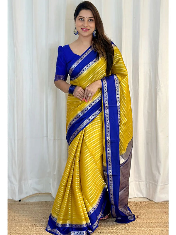 Gold with Navy Banarasi Soft Katan Georgette Saree | Soft & Versatile