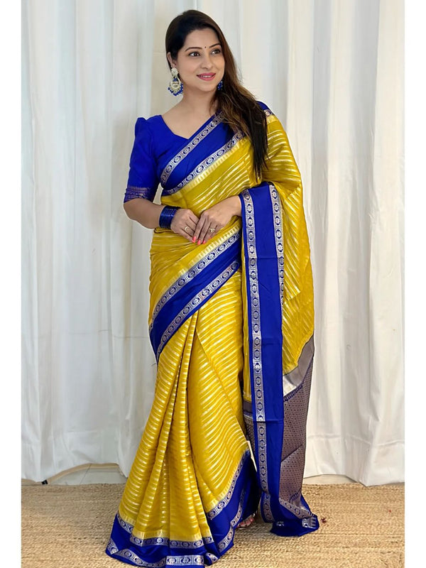 Gold with Navy Banarasi Soft Katan Georgette Saree | Soft & Versatile