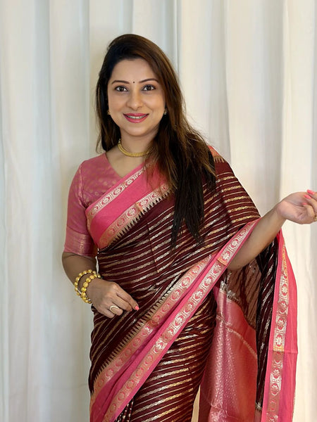 Brown with Peach Banarasi Soft Katan Georgette Saree | Soft & Versatile