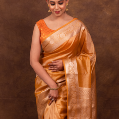 Gold Ochre Banarasi Authentic Soft Tissue Silk Saree with Rich Pallu Woven Design