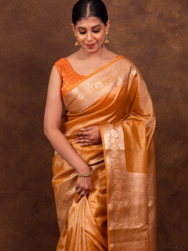 Gold Ochre Banarasi Authentic Soft Tissue Silk Saree with Rich Pallu Woven Design
