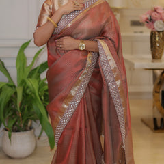 Celebrity-Inspired Wine Red Stripe Tissue Silk Saree with Stone Zardozi Work