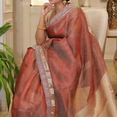 Celebrity-Inspired Wine Red Stripe Tissue Silk Saree with Stone Zardozi Work
