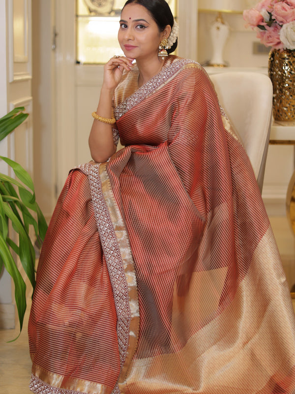Celebrity-Inspired Wine Red Stripe Tissue Silk Saree with Stone Zardozi Work