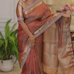 Celebrity-Inspired Wine Red Stripe Tissue Silk Saree with Stone Zardozi Work