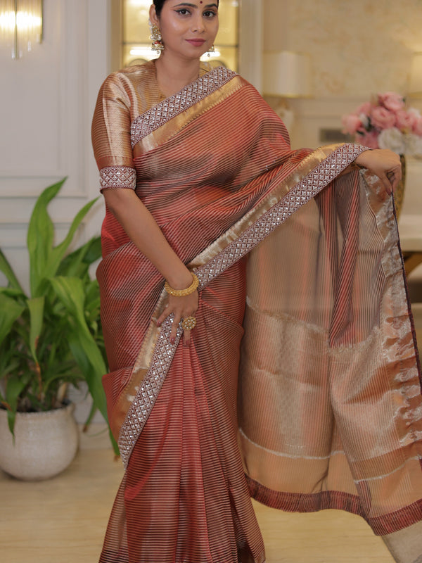 Celebrity-Inspired Wine Red Stripe Tissue Silk Saree with Stone Zardozi Work