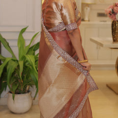 Celebrity-Inspired Wine Red Stripe Tissue Silk Saree with Stone Zardozi Work