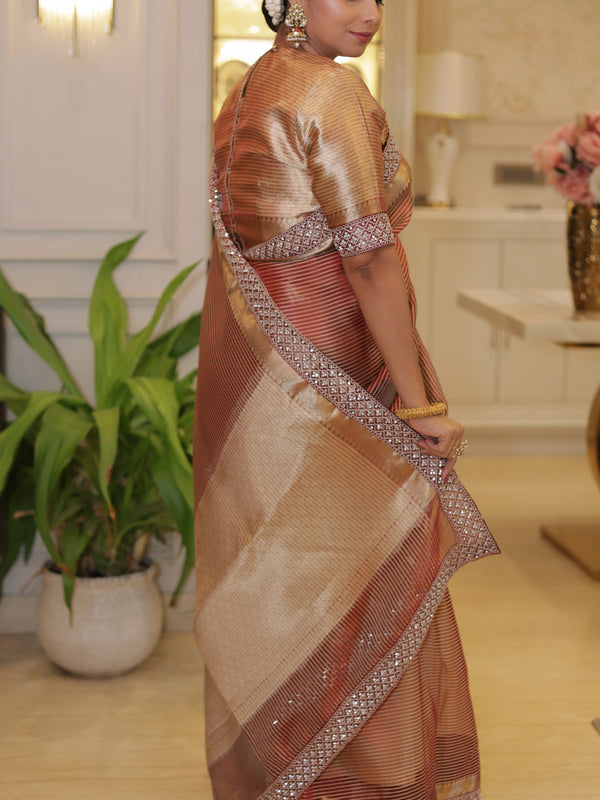 Celebrity-Inspired Wine Red Stripe Tissue Silk Saree with Stone Zardozi Work