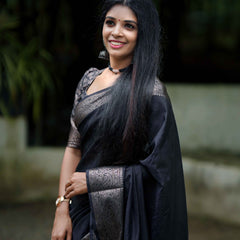 Black Classic Banarasi Woven Soft Saree with Antique Zari Borders