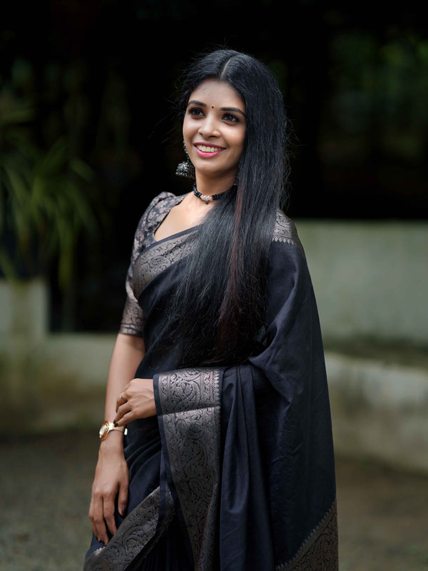 Black Classic Banarasi Woven Soft Saree with Antique Zari Borders