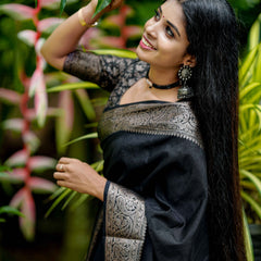 Black Classic Banarasi Woven Soft Saree with Antique Zari Borders