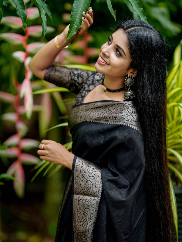 Black Classic Banarasi Woven Soft Saree with Antique Zari Borders