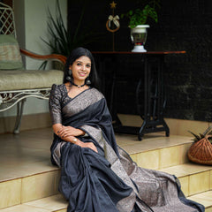 Black Classic Banarasi Woven Soft Saree with Antique Zari Borders