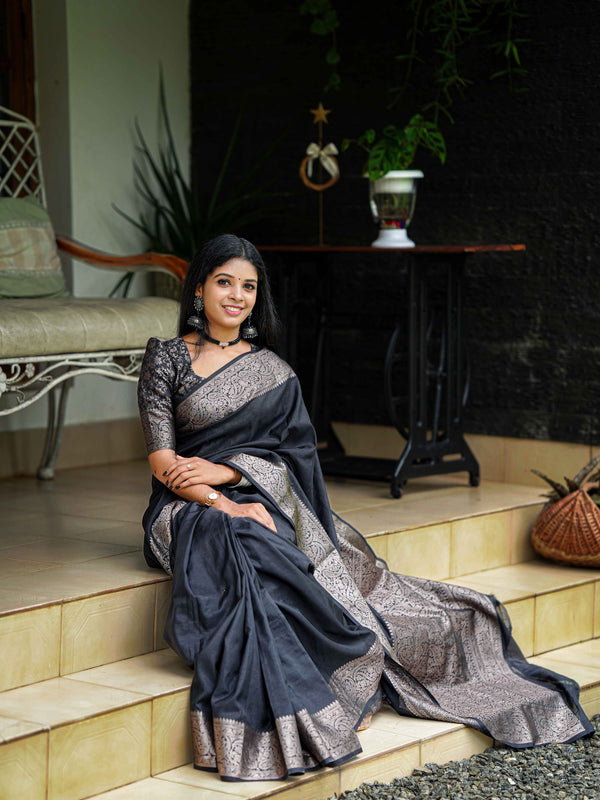 Black Classic Banarasi Woven Soft Saree with Antique Zari Borders