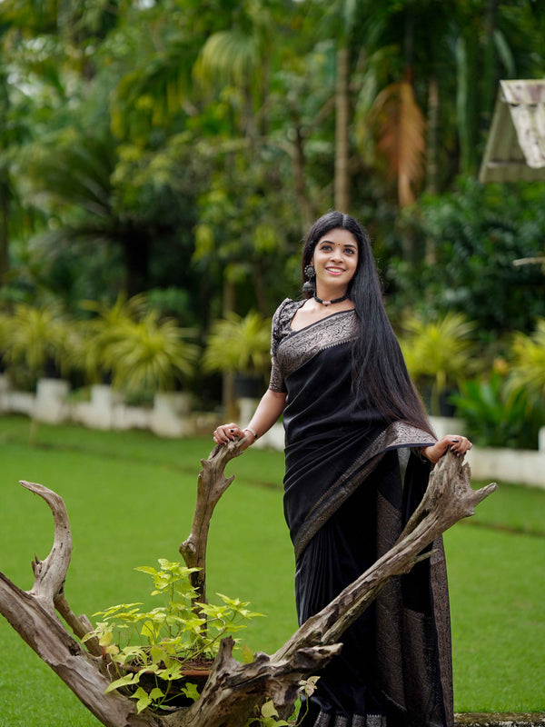 Black Classic Banarasi Woven Soft Saree with Antique Zari Borders