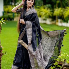 Black Classic Banarasi Woven Soft Saree with Antique Zari Borders