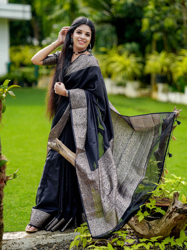 Black Classic Banarasi Woven Soft Saree with Antique Zari Borders