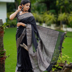 Black Classic Banarasi Woven Soft Saree with Antique Zari Borders