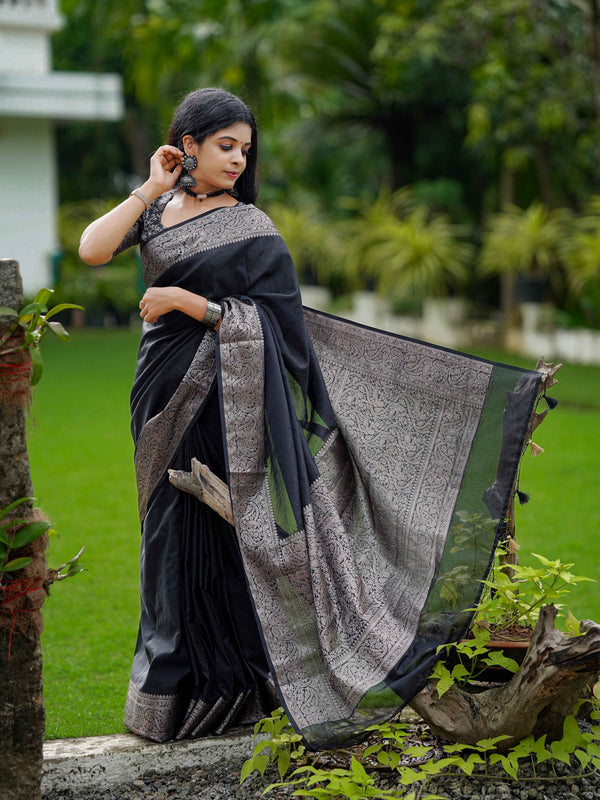 Black Classic Banarasi Woven Soft Saree with Antique Zari Borders