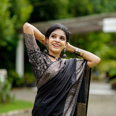 Black Classic Banarasi Woven Soft Saree with Antique Zari Borders