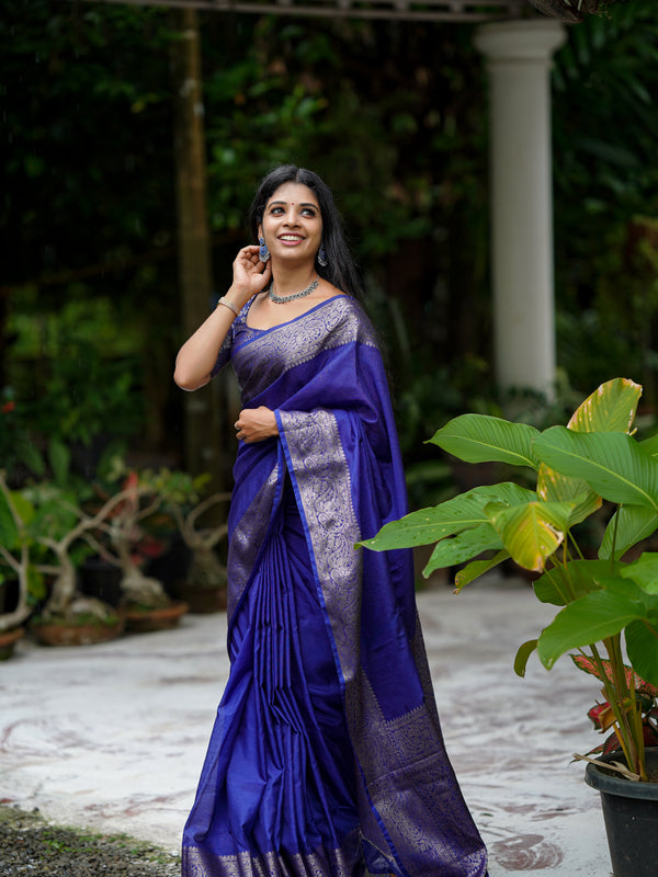 Royal Blue Classic Banarasi Woven Soft Saree with Antique Zari Borders