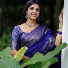 Royal Blue Classic Banarasi Woven Soft Saree with Antique Zari Borders
